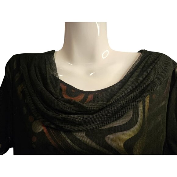 Vintage Abstract Printed Short Sleeve Drape Neck Mesh Top By Song Li - Picture 3 of 7